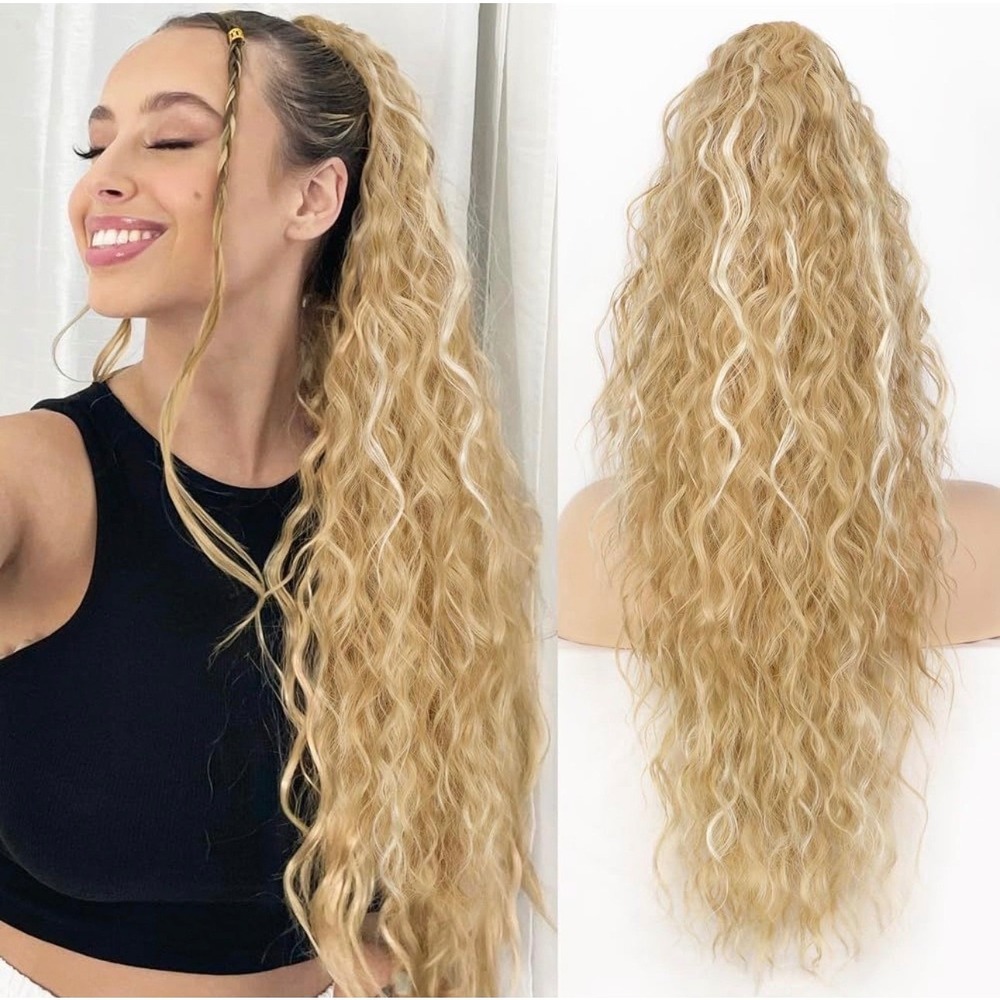 ALXNAN 26 Inch Blonde Highlights Claw Clip Ponytail Hair Extensions Wavy Long